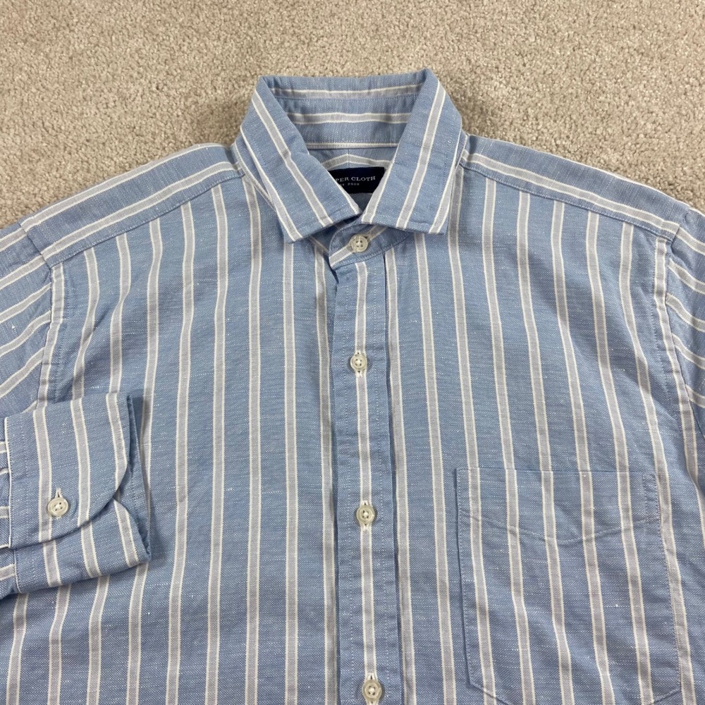 Proper Cloth Button Down Mens 14.5-31 Blue White Striped Cotton Hemp Shirt‎